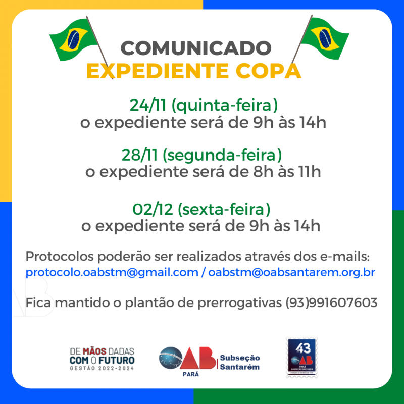 Comunicado 05/12- expediente no jogo do Brasil na Copa/2022